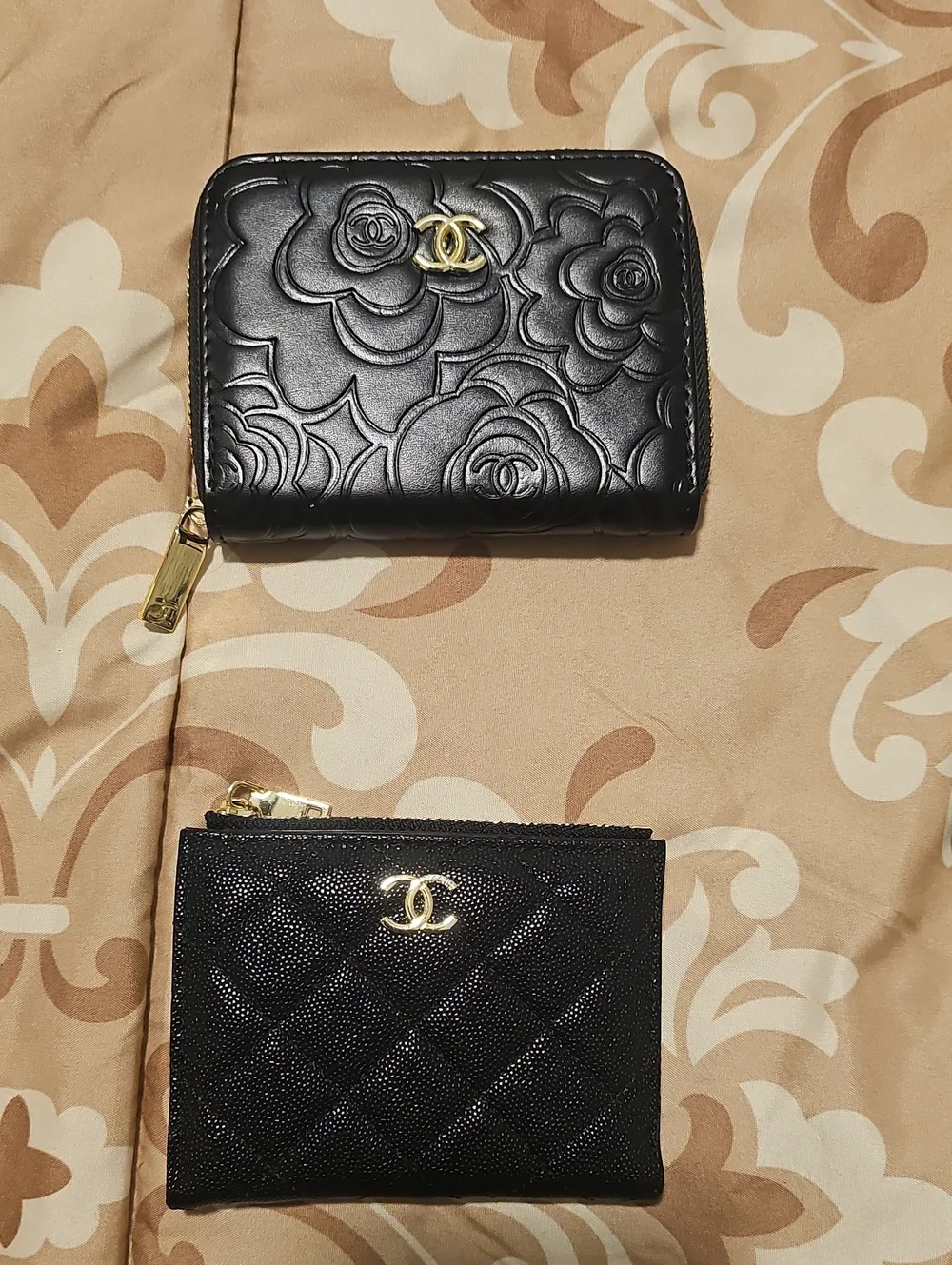 Designer Inspired Black Quilted Zip Wallets Set with Gold Hardware